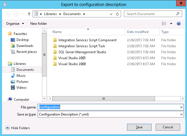 Export configuration description file Save as window
