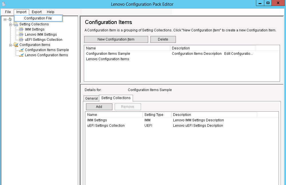 Import Configuration File menu