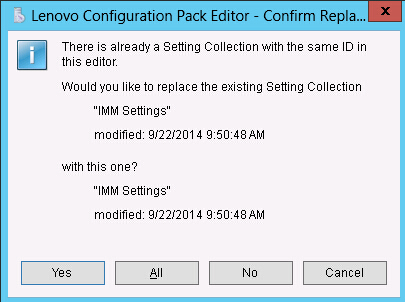 Confirm Replace Setting Collection window
