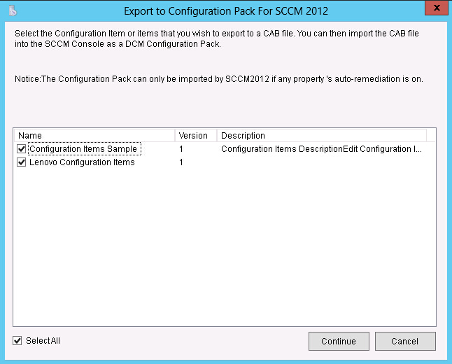 Export to Lenovo Configuration Pack for SCCM 2007 page