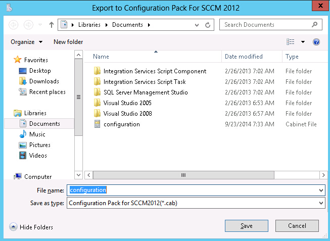 Export to Lenovo Configuration Pack for SCCM 2012 window