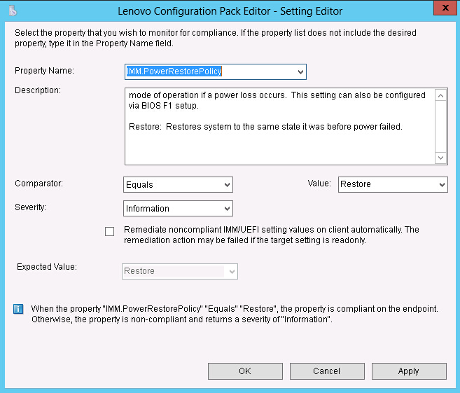 Lenovo Configuration Pack Editor - Setting Editor page