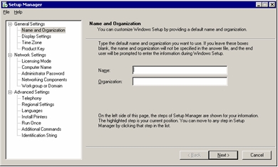 Ventana Setup Manager: Name and Organization (Administrador de instalación: Nombre y organización)