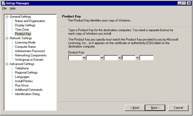 Ventana Setup Manager: Product Key (Administrador de instalación: Clave del producto)