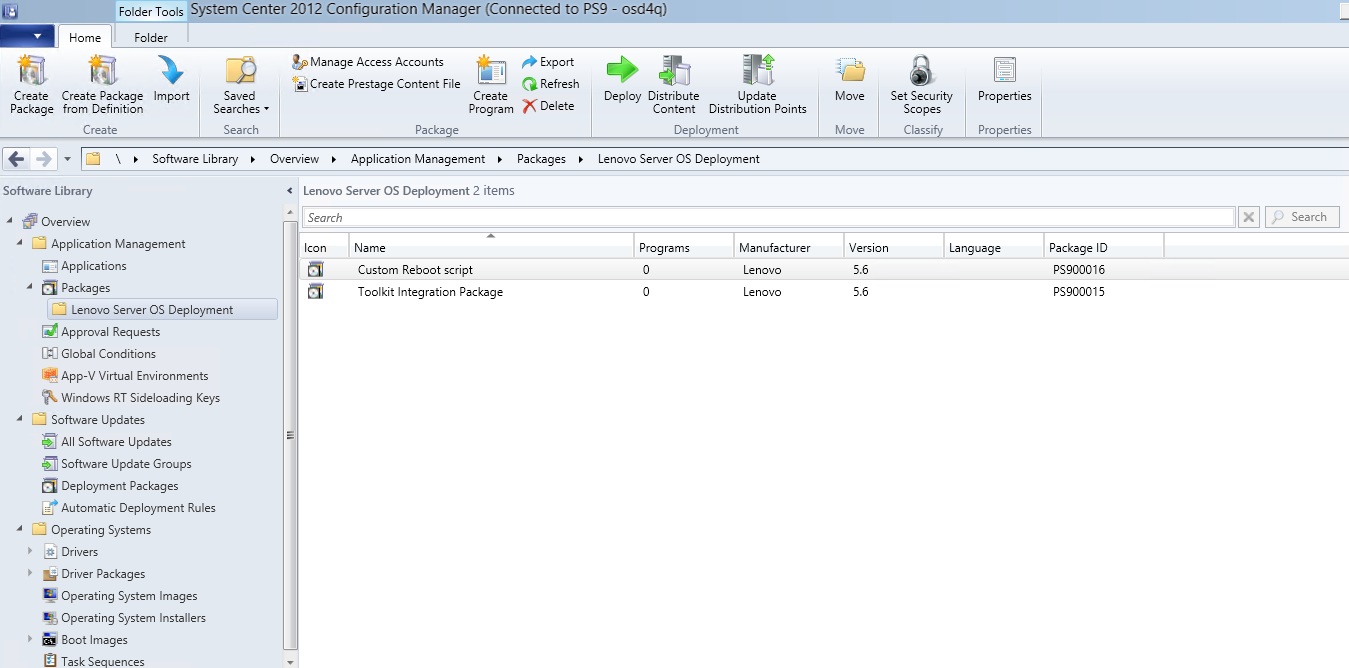 Items added to the SCCM console after installing the Lenovo Deployment Pack