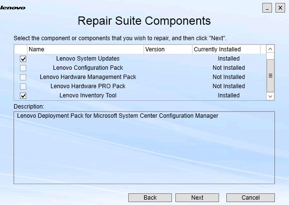 Página Repair Suite Components (Reparar componentes de la suite)