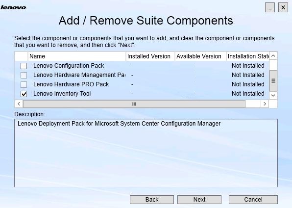 Pagina Add/Remove Suite Components (Aggiungi/Rimuovi componenti della suite)