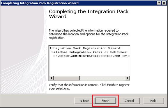Completing Integration Pack Registration Wizard window
