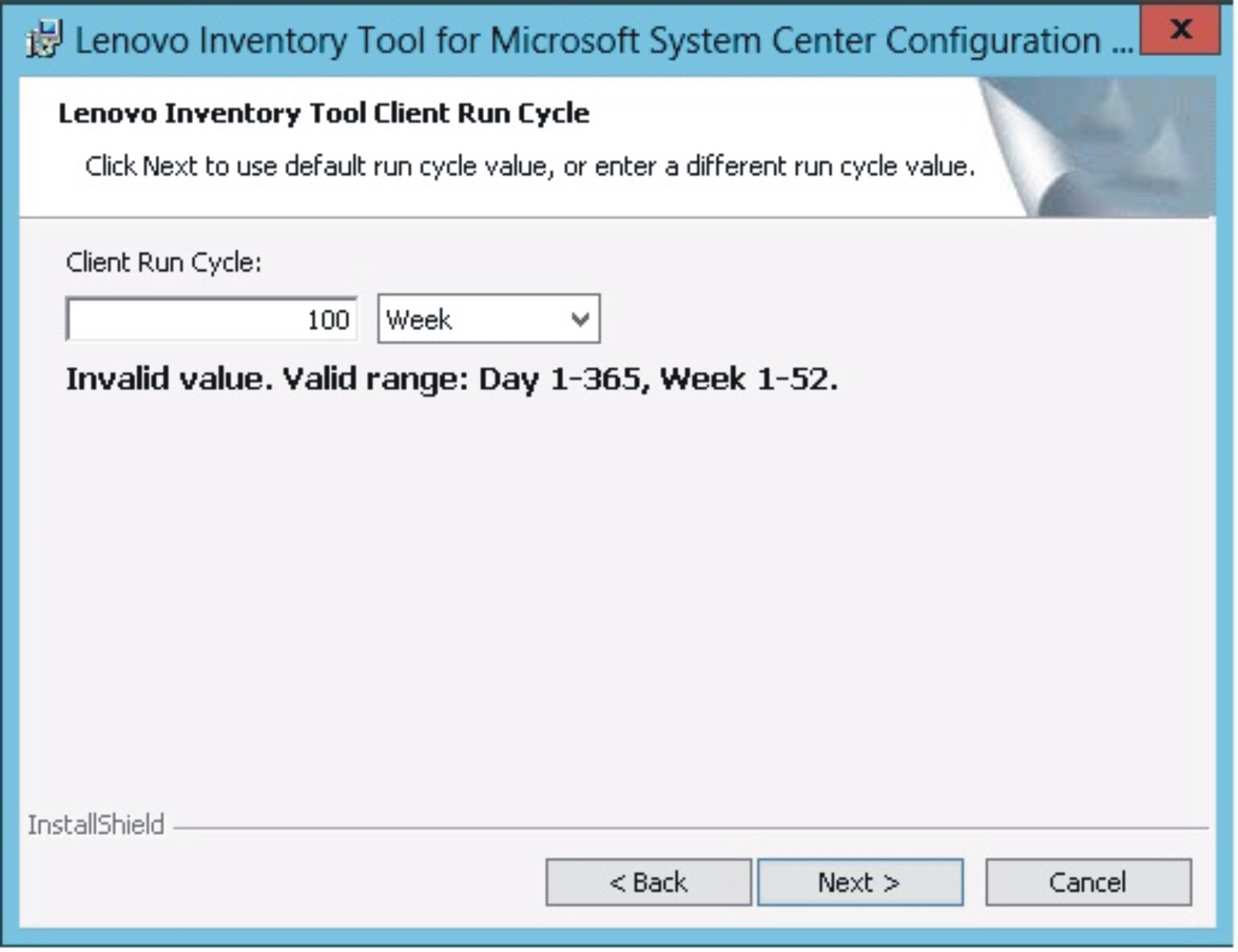 Invalid value for Week on Lenovo Inventory Tool Run Cycle page