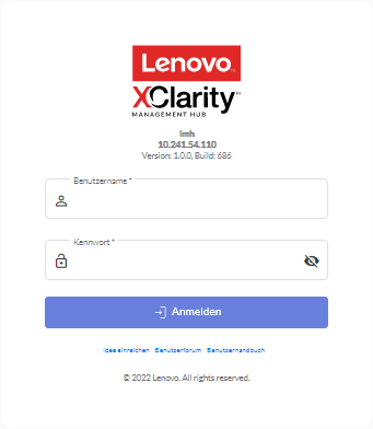 Zeigt die Seite für die erste Anmeldung bei Lenovo XClarity Verwaltungshub an.