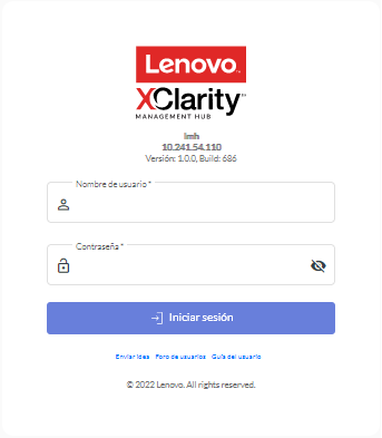 Muestra la primera página de inicio de sesión de Concentrador de gestión de Lenovo XClarity.