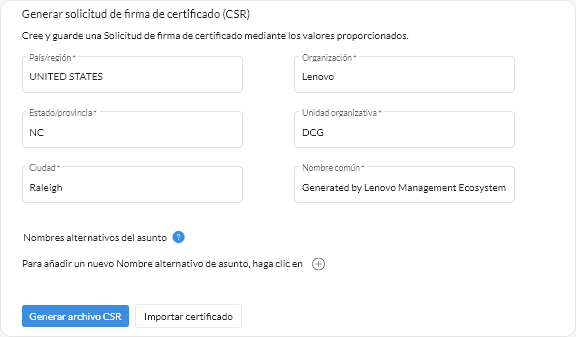 Tarjeta de Generar solicitud de firma de certificado (CSR)