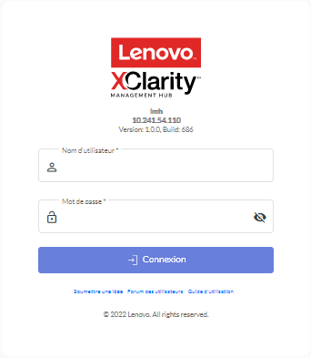 Illustre la page de connexion initiale pour le Concentrateur de gestion Lenovo XClarity.