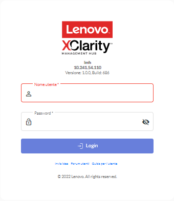 Mostra la pagina di login iniziale di Hub di gestione Lenovo XClarity.