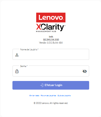 Ilustra a página de login inicial do Lenovo XClarity Management Hub.