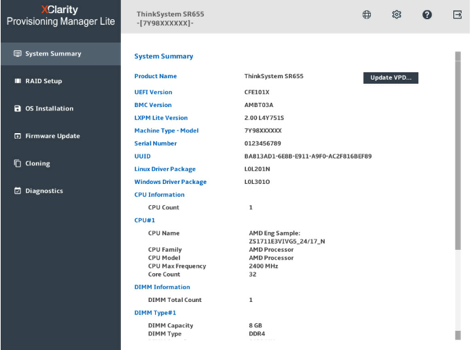 Lenovo XClarity Provisioning Manager Lite v2 main interface