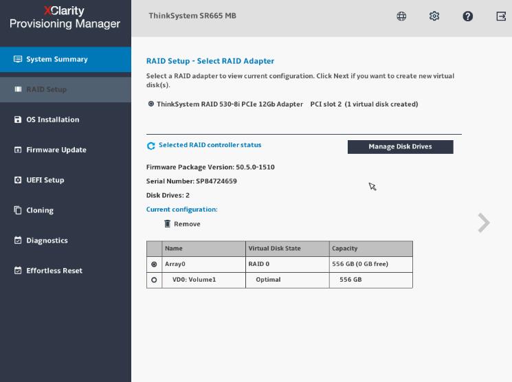 RAID Setup - Select RAID Adapter interface