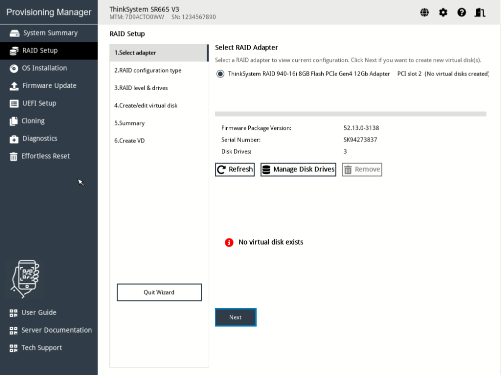 RAID Setup - Select RAID Adapter interface