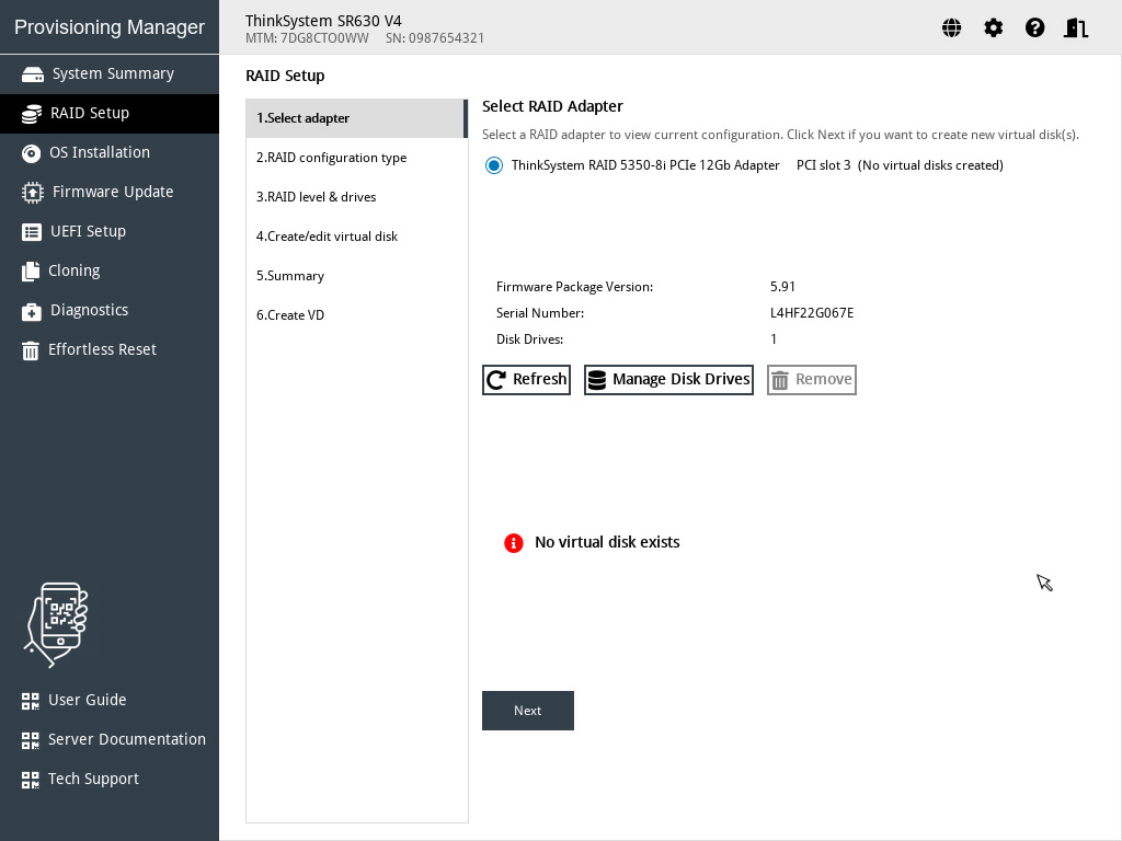 RAID Setup - Select RAID Adapter interface