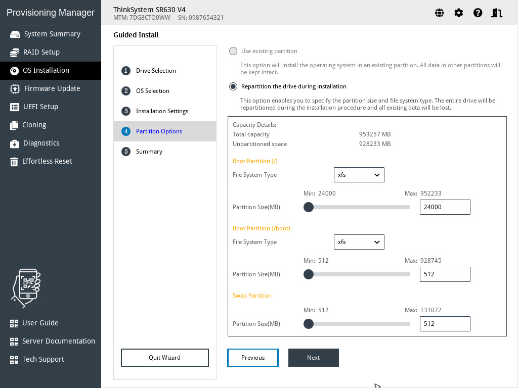 Partition Options step (for Linux)