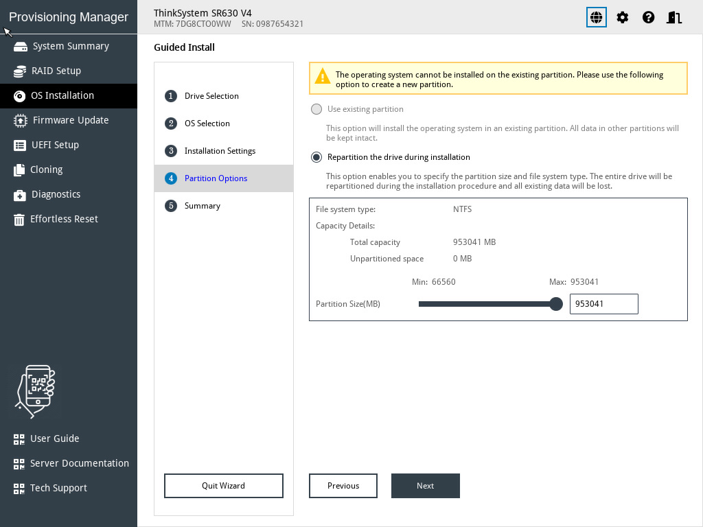 Partition Options step (for Windows)