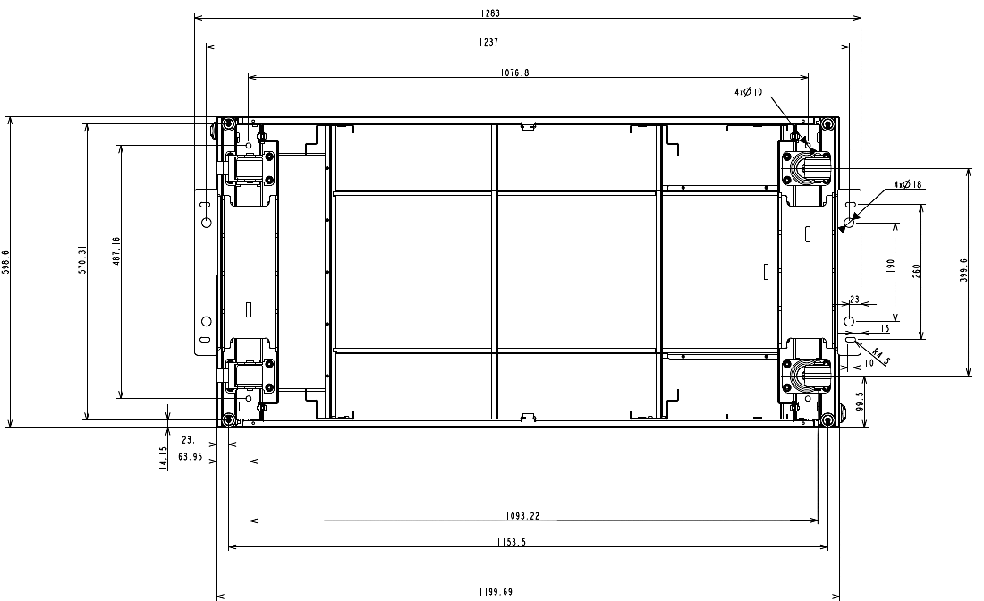 Rack cabinet with bolt-down brackets installed