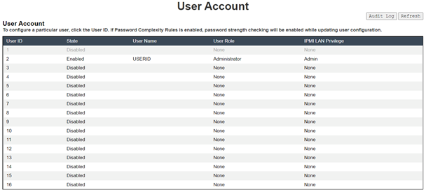 User Account page access — Administrator