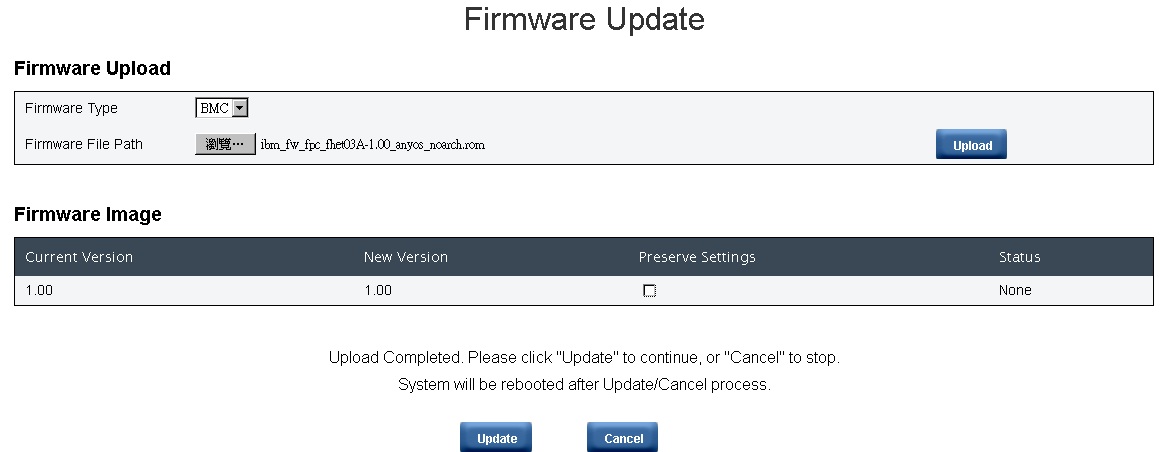 Graphic illustrating the chassis front view web interface Configuration-> Firmware update page.