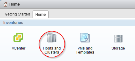 屏幕快照：vSphere Web Client 主页中已选择“主机和集群”。