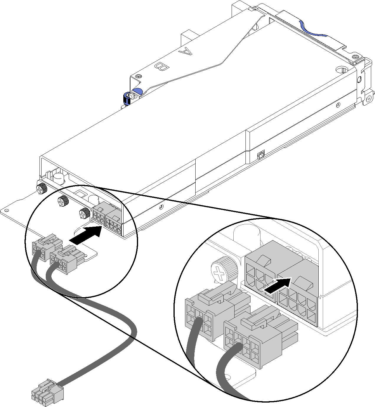 Connecting the auxiliary power cable to the adapter connectors