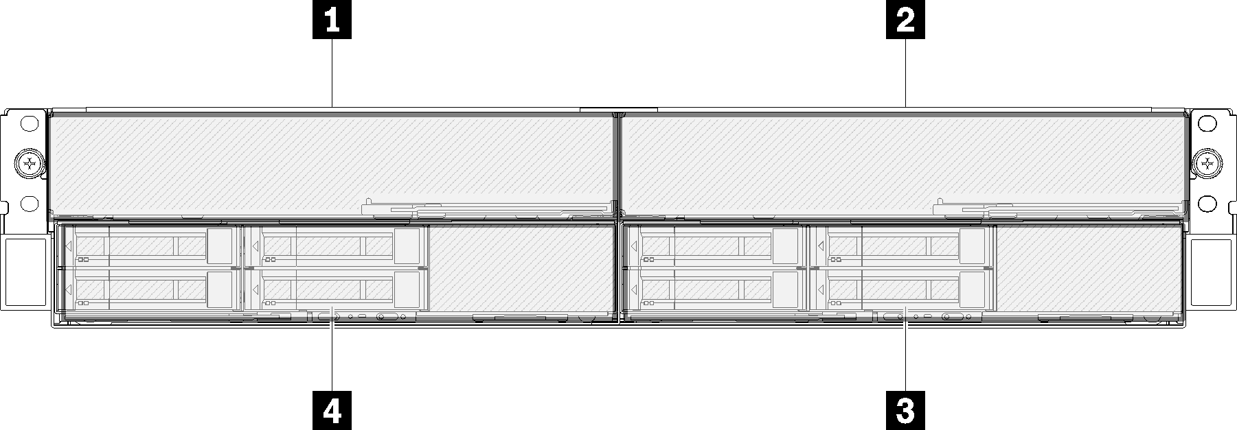 Enclosure front view with PCIe expansion node assemblies