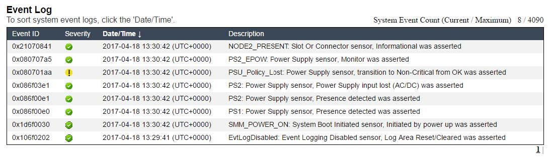 Screen capture of the System Management Module event log.