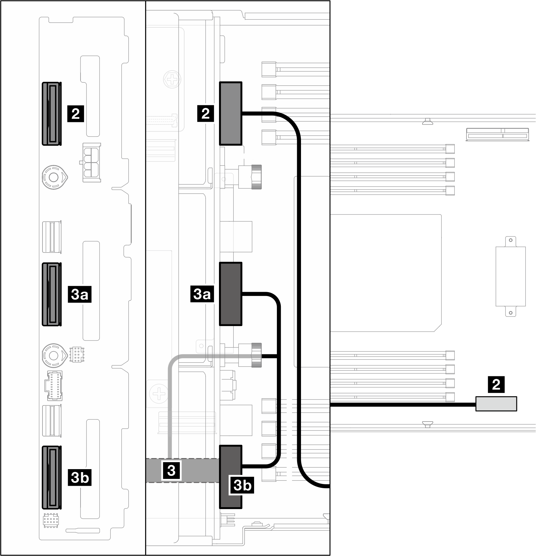 Disposición de los cables de unidad de 2,5 pulgadas – NVMe cables