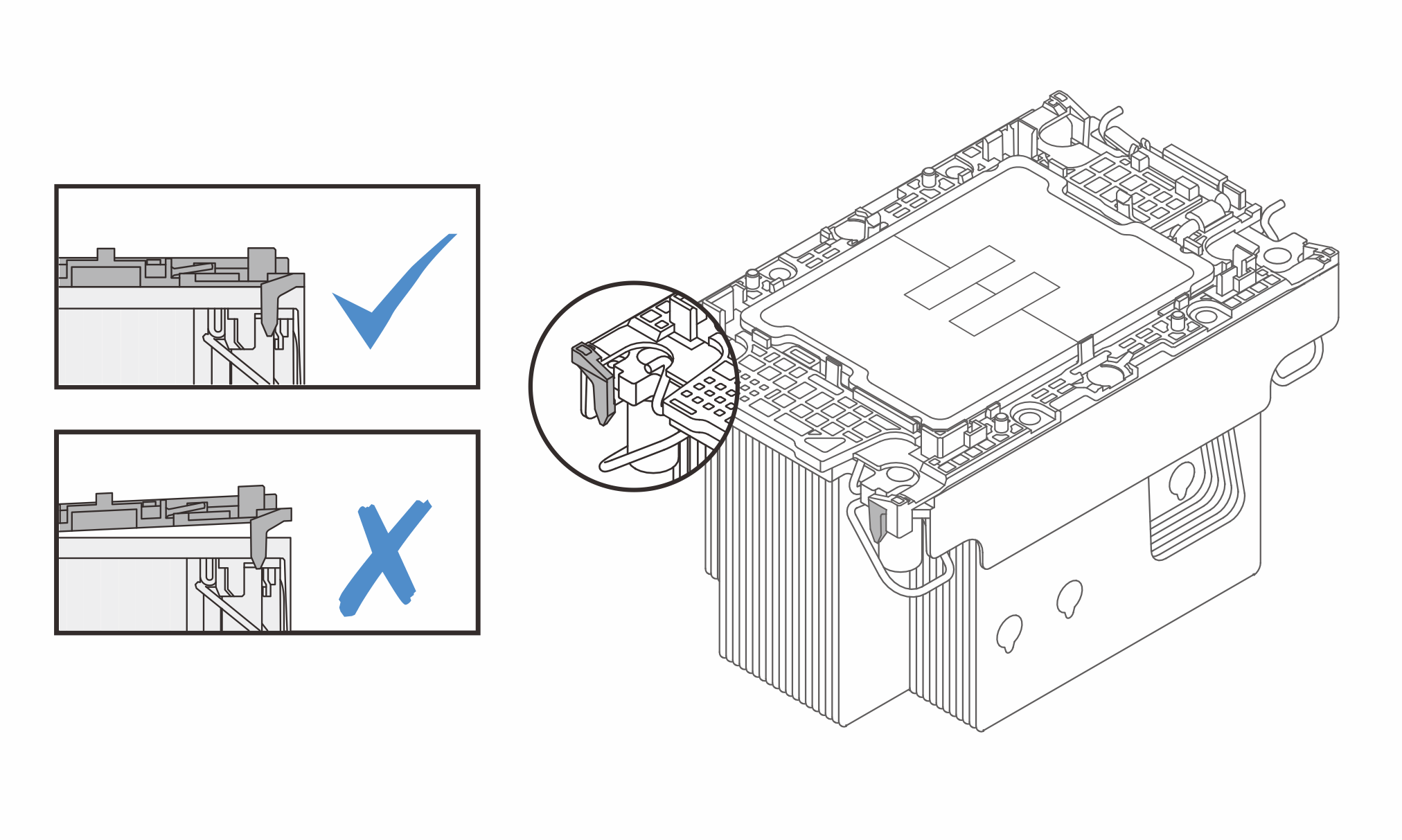 Visually inspect to make sure that clips at all four corners fully engage