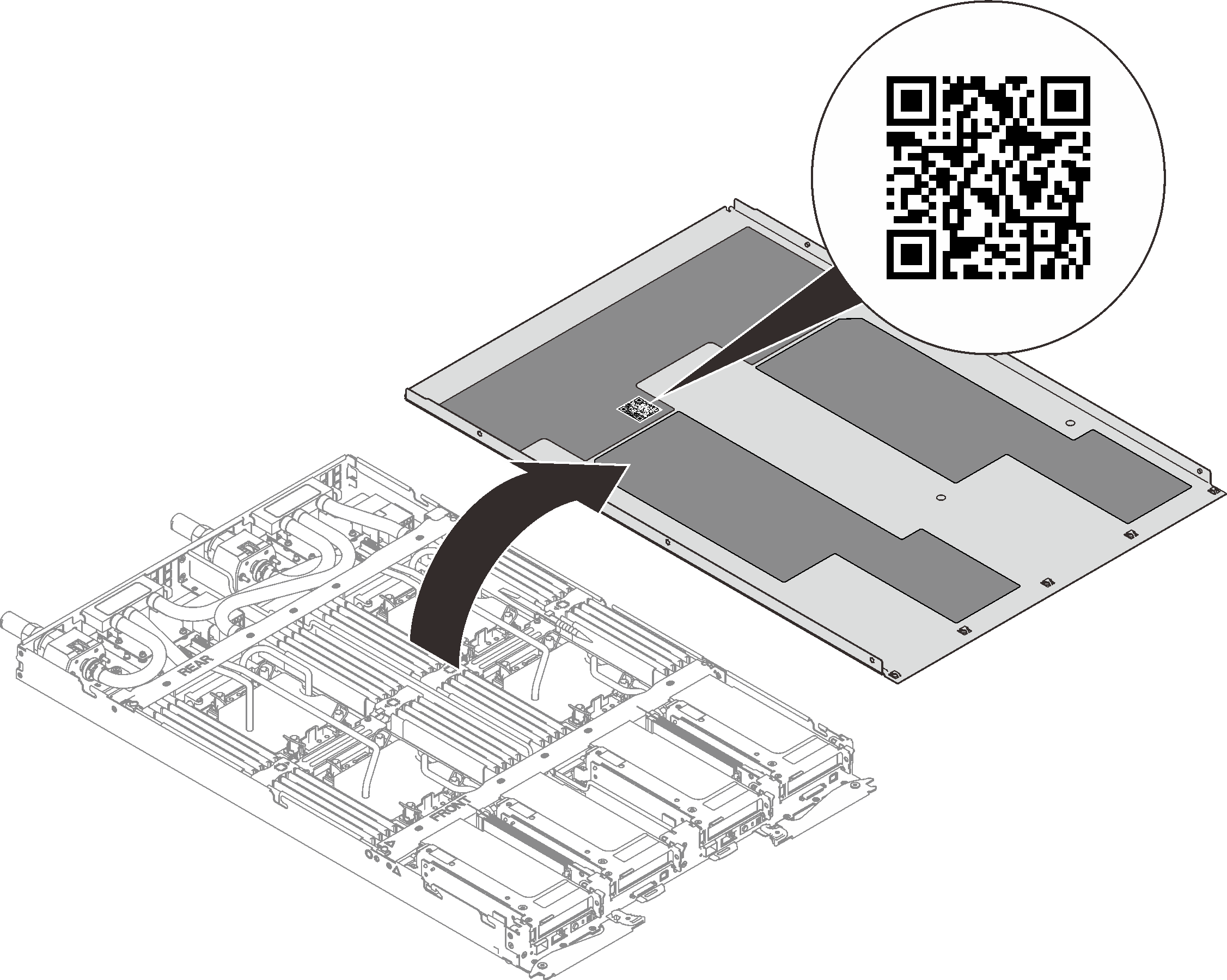 Graphic depicting the location of the Service Label and the QR code
