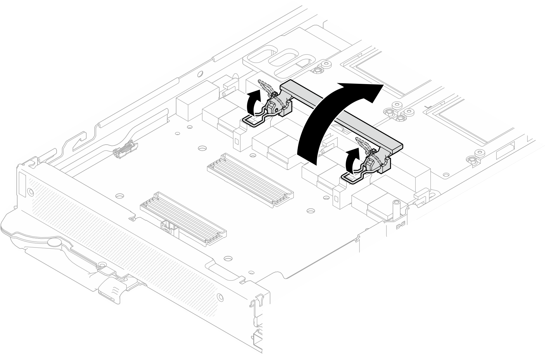 Rotate the GPU board retention clips and handles