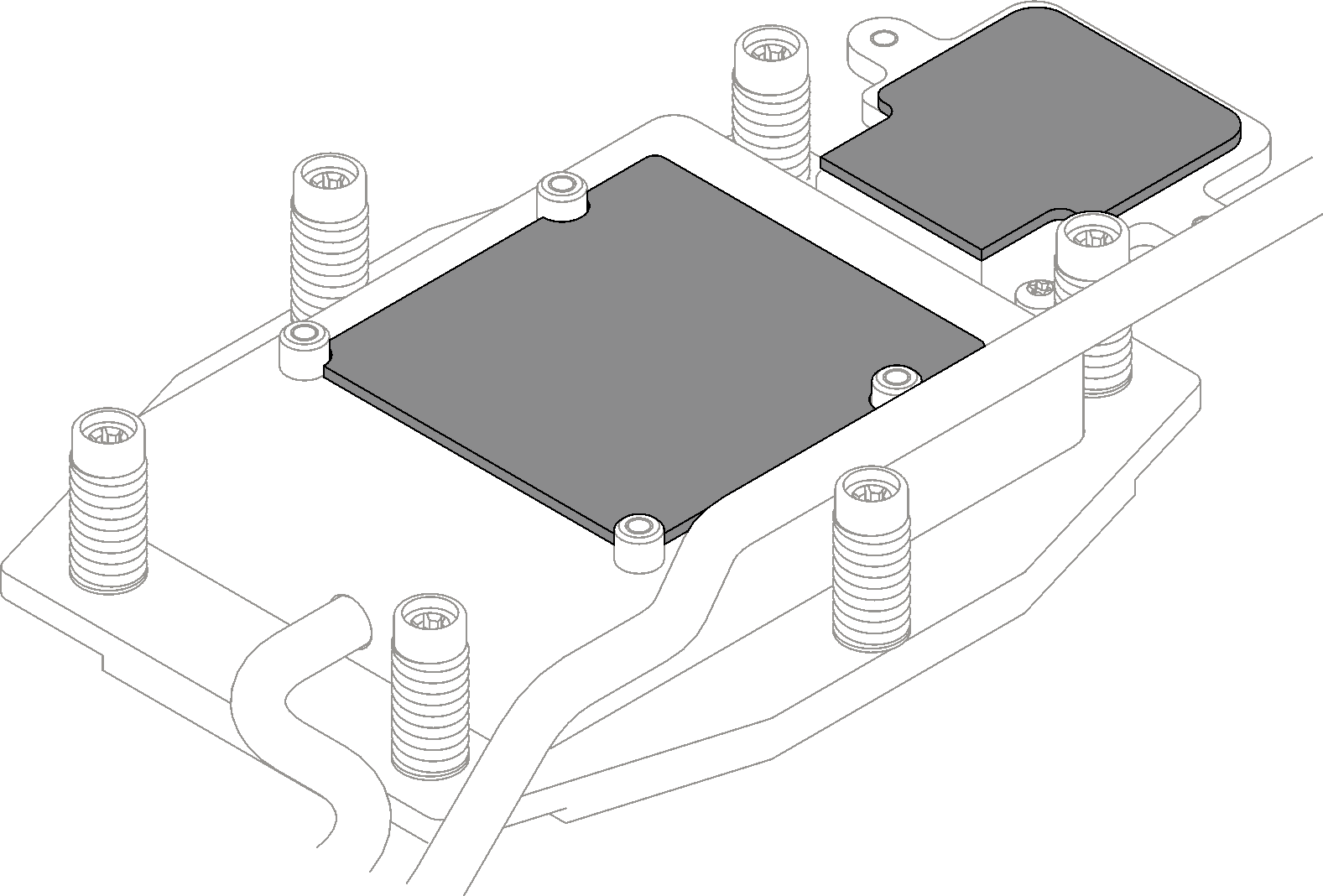 Putty pads on processor cold plate and M.2 cold plate