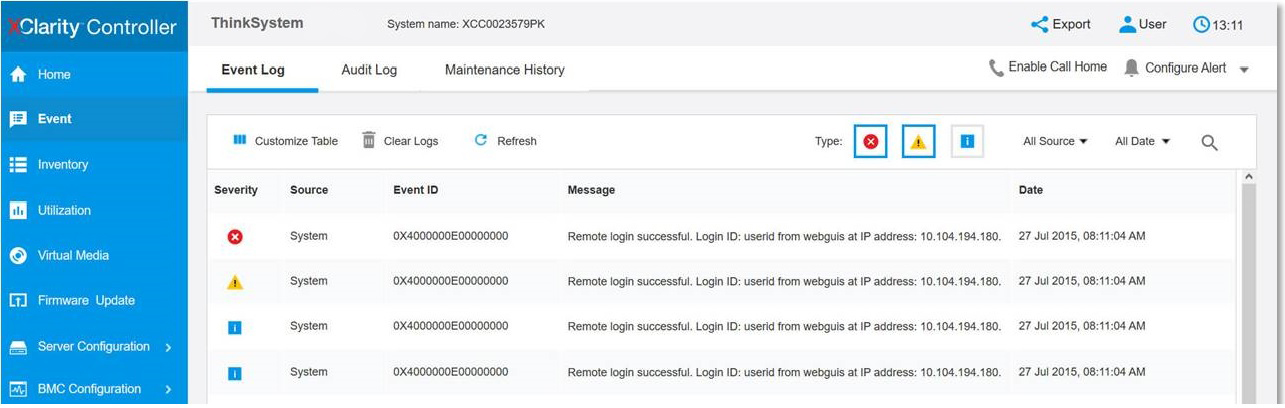 Screen capture of the Lenovo XClarity Controller event log.