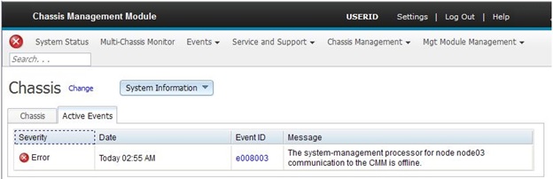 Captura de pantalla del registro de eventos de Chassis Management Module 2.
