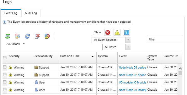 Captura de pantalla del registro de eventos de Lenovo XClarity Administrator