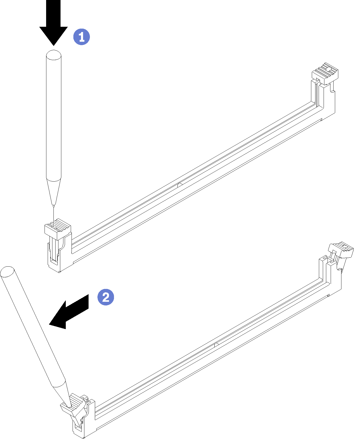 Graphic illustrating opening the DIMM retaining clips