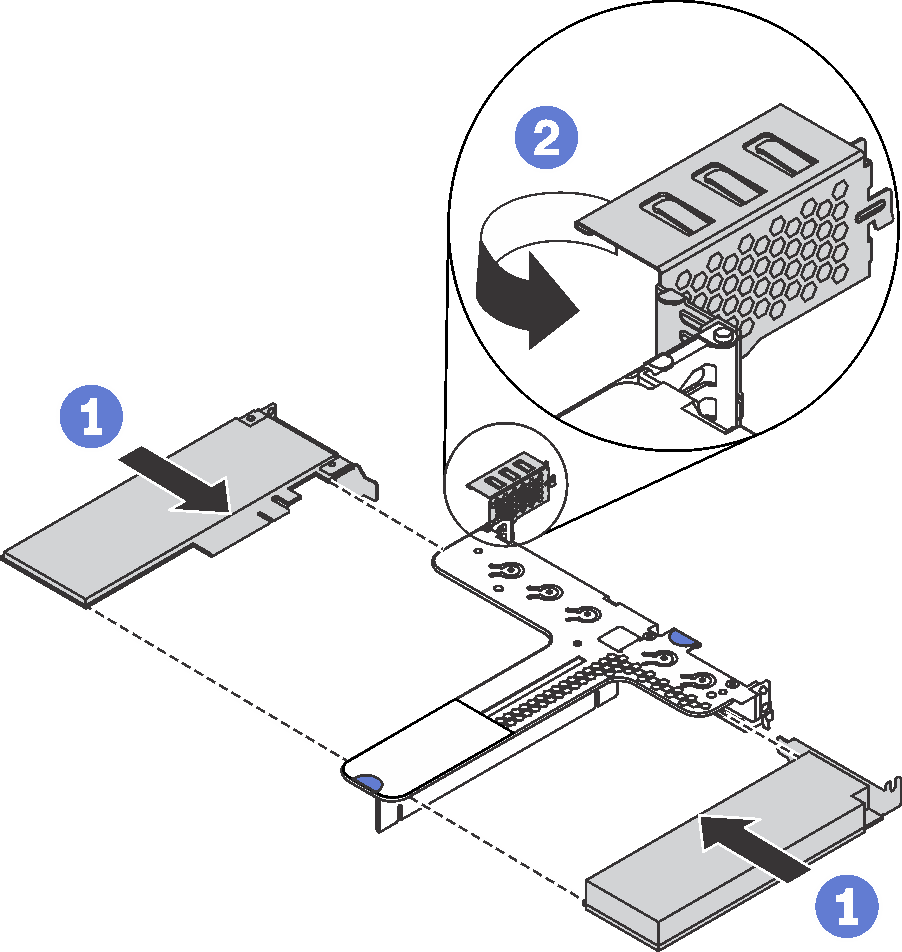 Install PCIe adapters into riser 1 assembly with one LP slot and one FHHL slot
