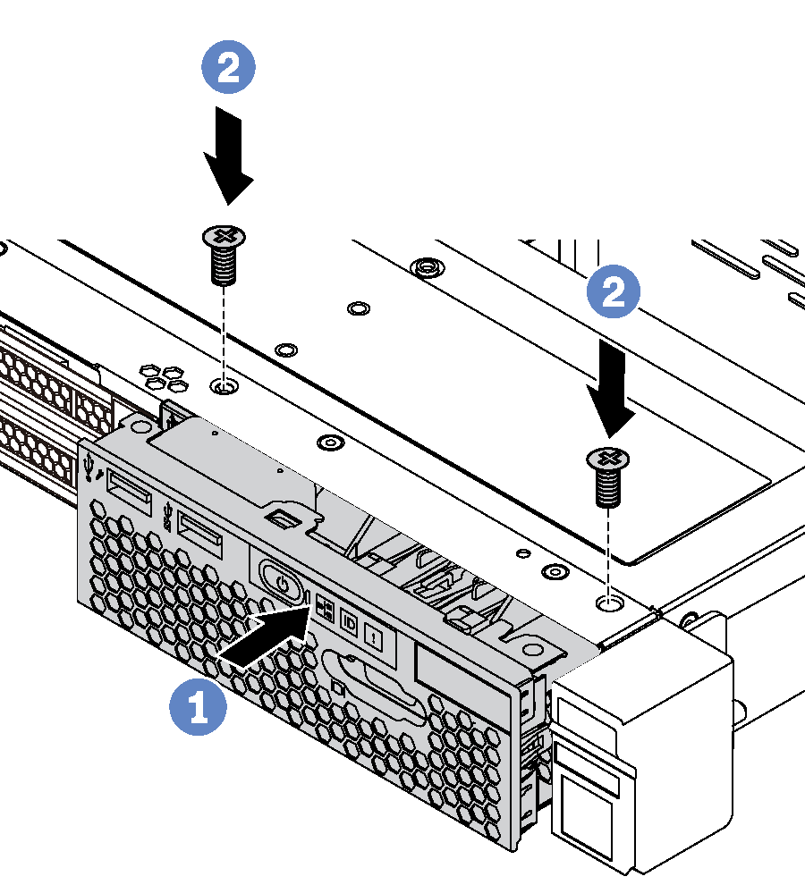 Installation of the front I/O assembly for server models with eight 2.5-inch drive bays