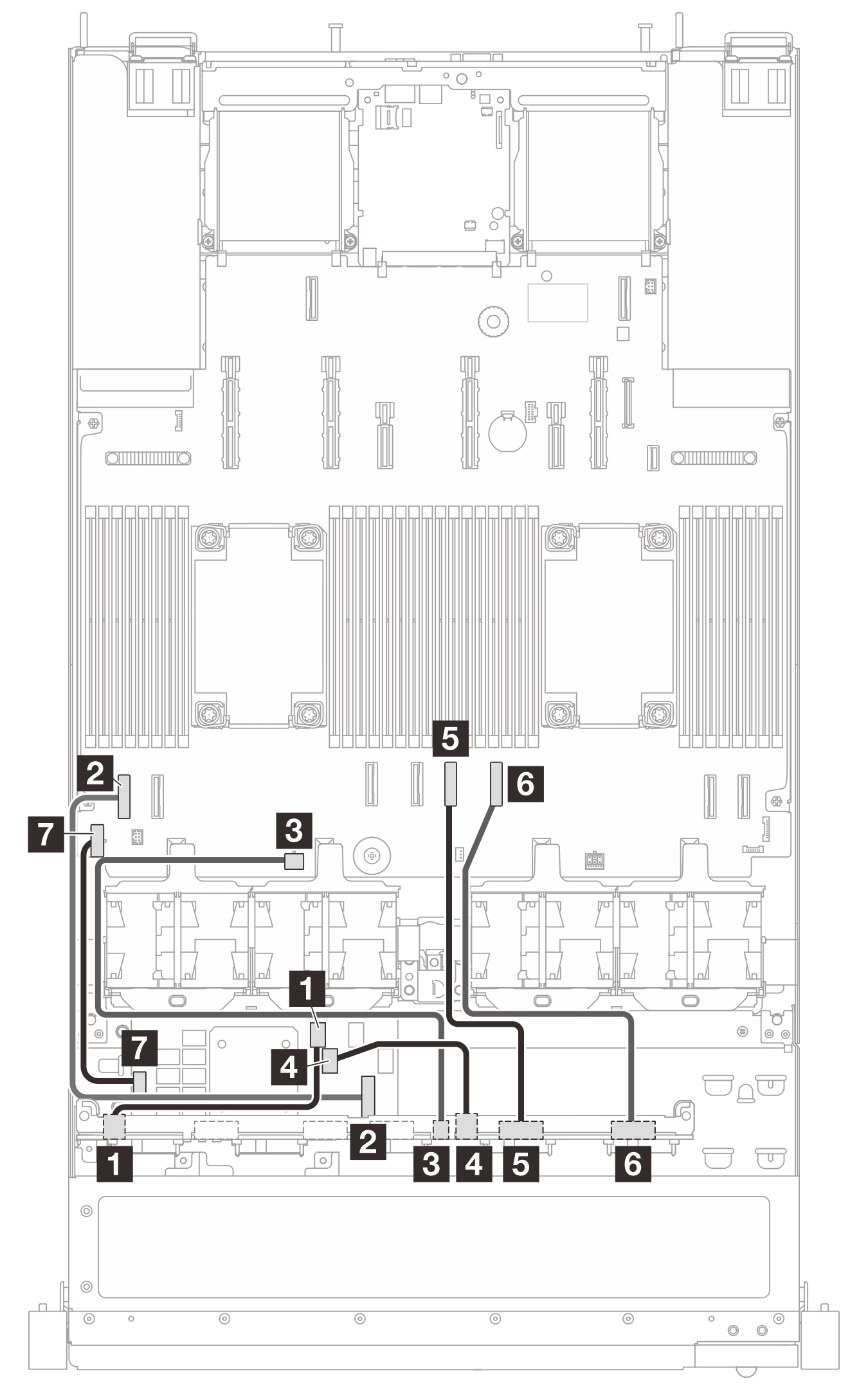 Cable routing for 6 x 2.5'' SAS/SATA, 2 x 2.5'' NVMe, and 2 x 2.5'' AnyBay drives, and 1 x 16i SFF RAID adapter (Gen 4)
