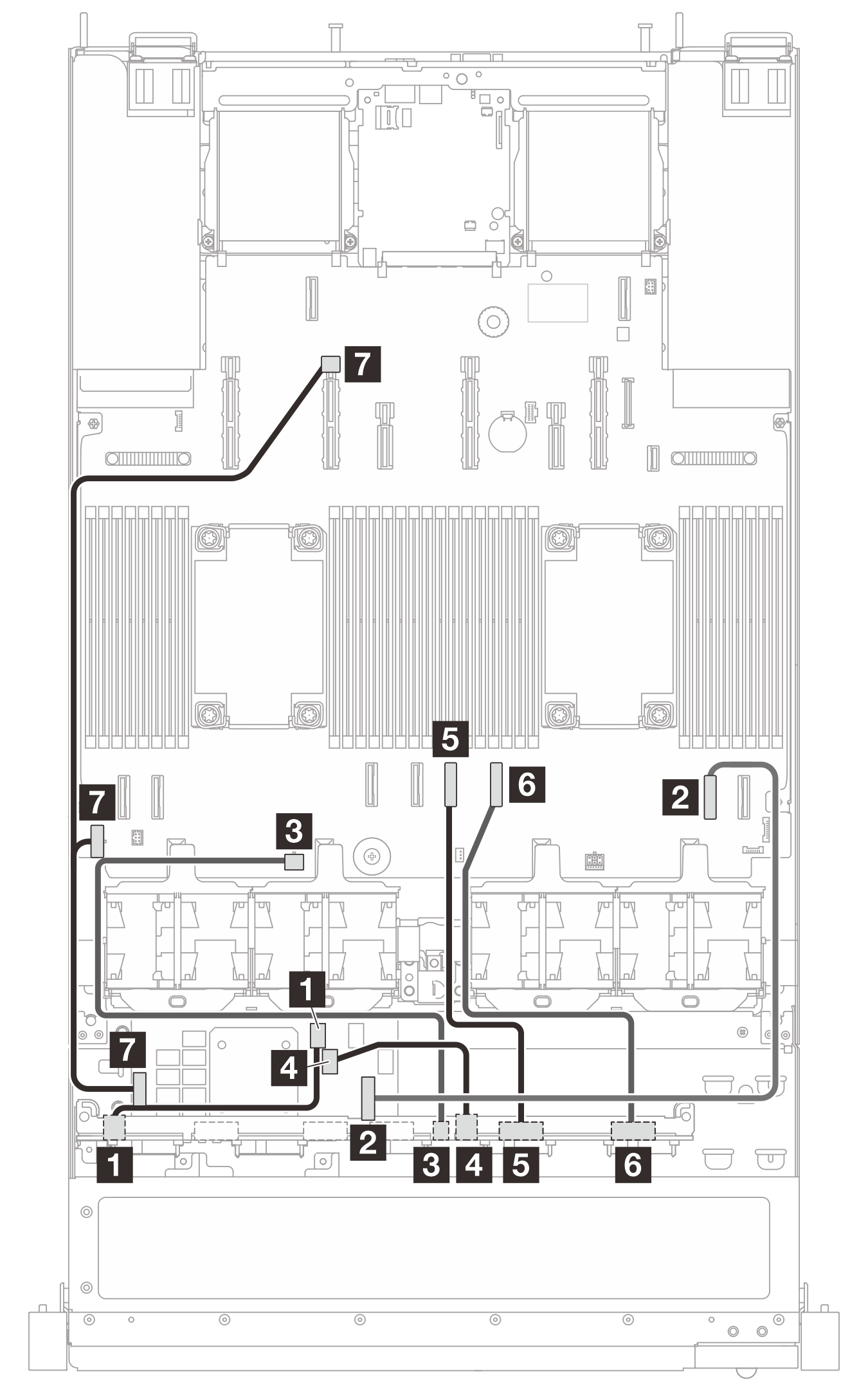 Cable routing for 6 x 2.5'' SAS/SATA, 2 x 2.5'' NVMe, and 2 x 2.5'' AnyBay drives, and 1 x 16i SFF RAID adapter (Gen 4)