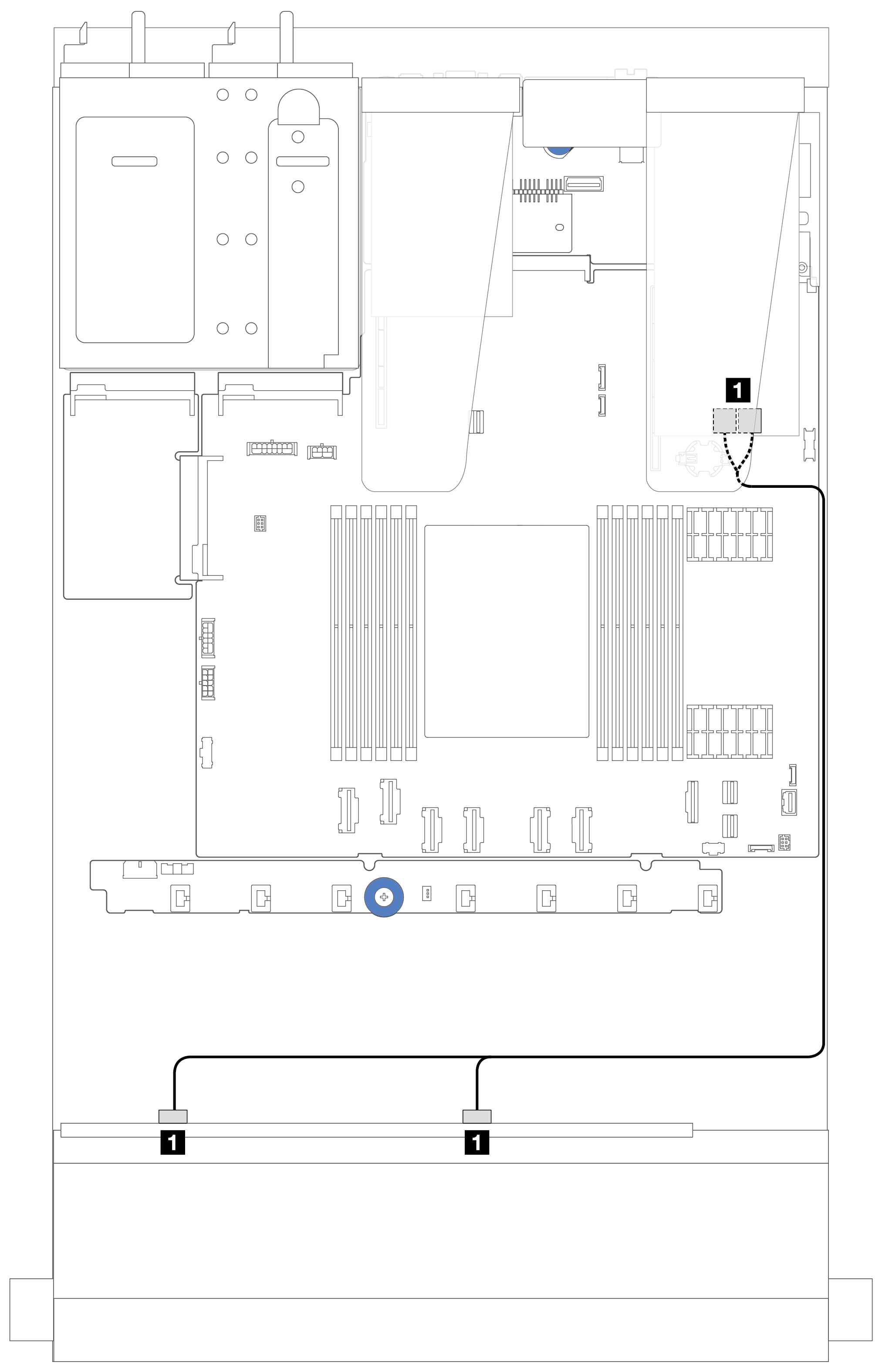 Cable routing for 8 x 2.5-inch front SAS/SATA drive bays with an 8i or 16i SFF RAID adapter (Gen 3)