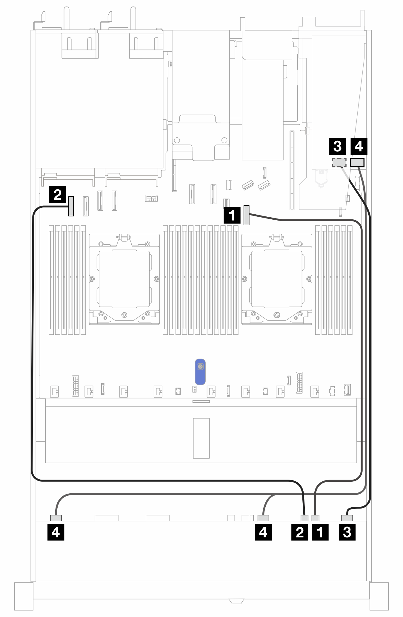 Cable routing for 6 front 2.5'' SAS/SATA drives and 4 front 2.5'' AnyBay drives bays with a 16i SFF RAID adapter