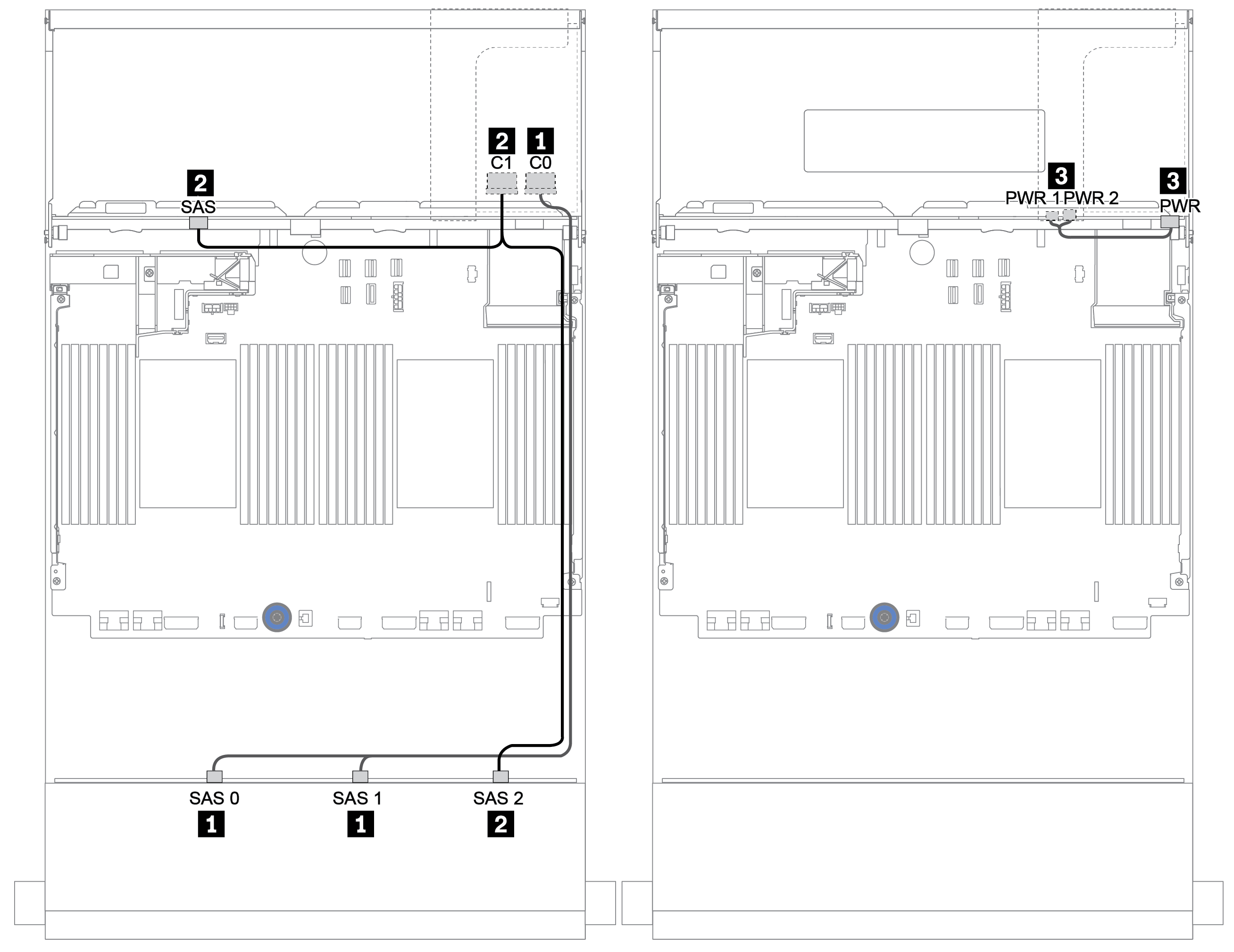 Cable routing for the 12 x 3.5-inch SAS/SATA configuration with a 4 x 3.5-inch SAS/SATA rear backplane