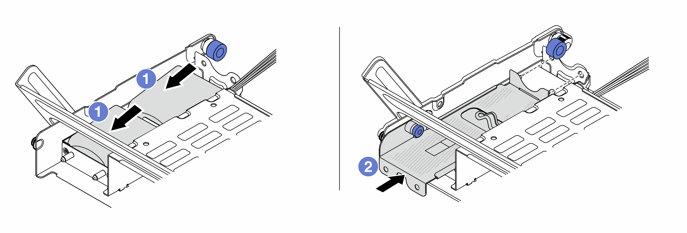 Installing the RAID flash power module on the middle drive cage