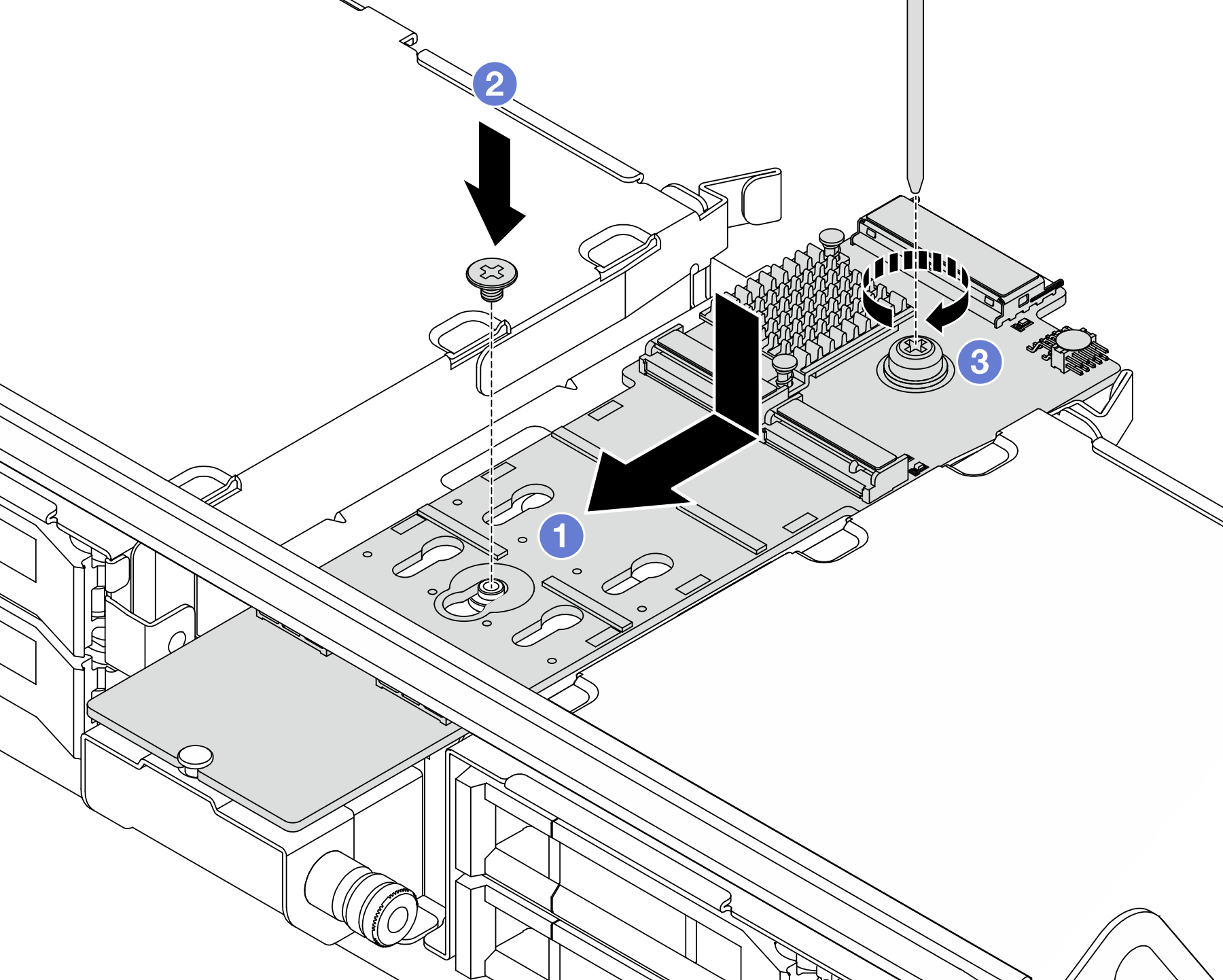 Installing the M.2 backplane on the middle drive cage